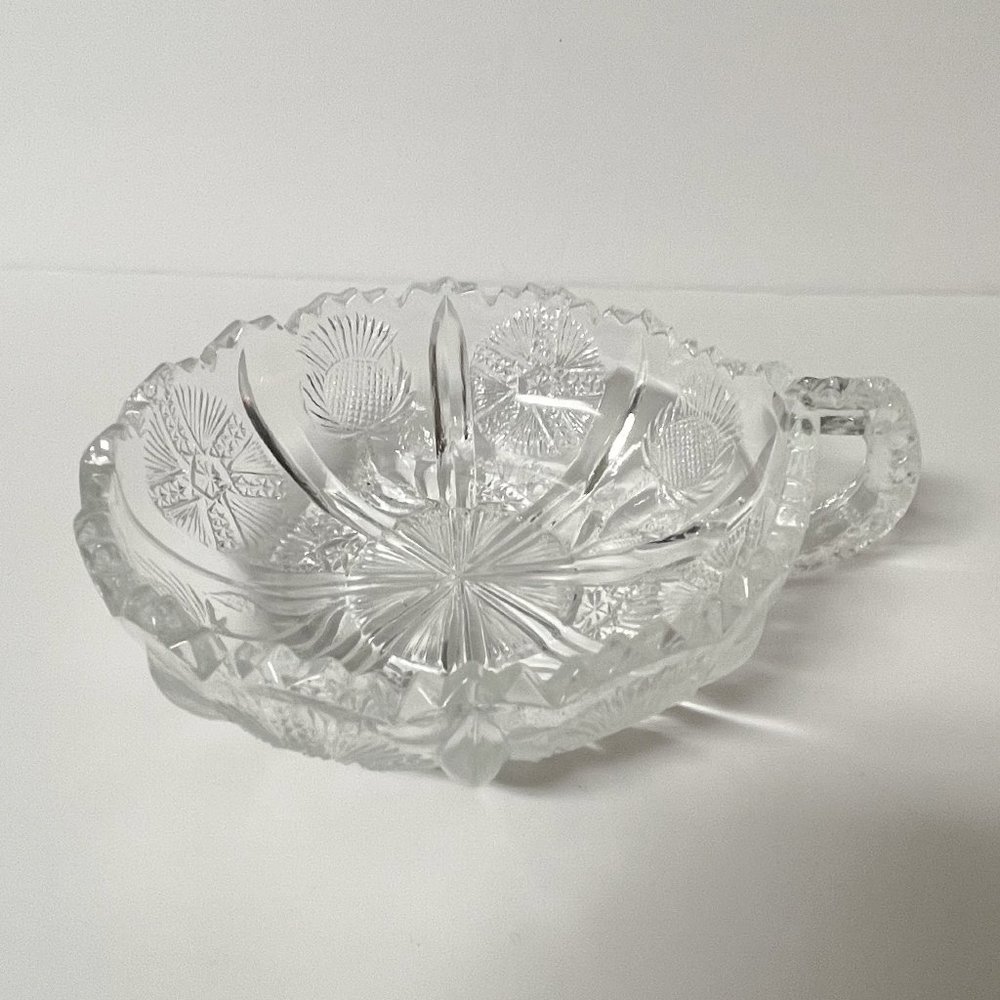 Thistle Nappy Bowl John Higbee Jefferson Handle Antique Clear Cut Glass EAPG